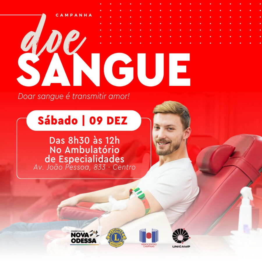 Lions Clube e Prefeitura de Nova Odessa promovem doação de sangue neste sábado no Ambulatório de Especialidades